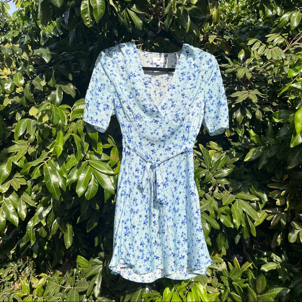 LPA light blue floral print short sleeve belted mini dress